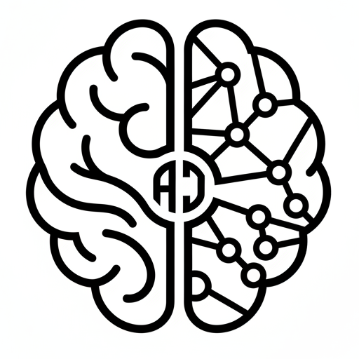L'image est un logo stylisé d'un cerveau divisé en deux moitiés, représentant la distinction entre l'intelligence humaine et l'intelligence artificielle. L'image présente un cerveau schématisé, dessiné en contour noir sur un fond blanc. Le cerveau est divisé verticalement en deux moitiés. La moitié gauche est représentée de manière plus organique, avec des circonvolutions et des sillons typiques d'un cerveau humain évoquant la pensée naturelle et la complexité de l'esprit. La moitié droite quant à elle, adopte une structure plus géométrique et interconnectée. Elle est composée de nœuds reliés par des lignes, formant un réseau qui rappelle les schémas de réseaux neuronaux artificiels utilisés en intelligence artificielle. Au centre, un cercle divise les deux moitiés, et à l'intérieur de ce cercle, on distingue les lettres stylisées 'AJ' qui sont les initiales de Amandine Judith. Le style minimaliste renforce l'idée d'un concept clair et moderne alliant l'intelligence humaine et artificielle.